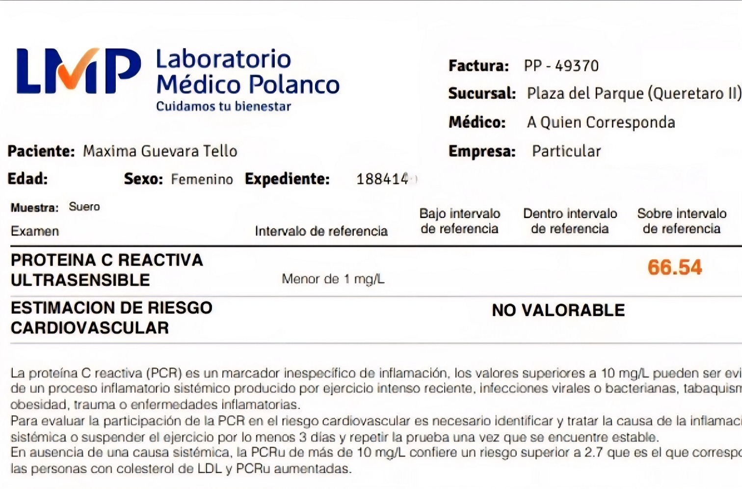 Primer estudio de laboratorio - Proteína C Reactiva 66.5